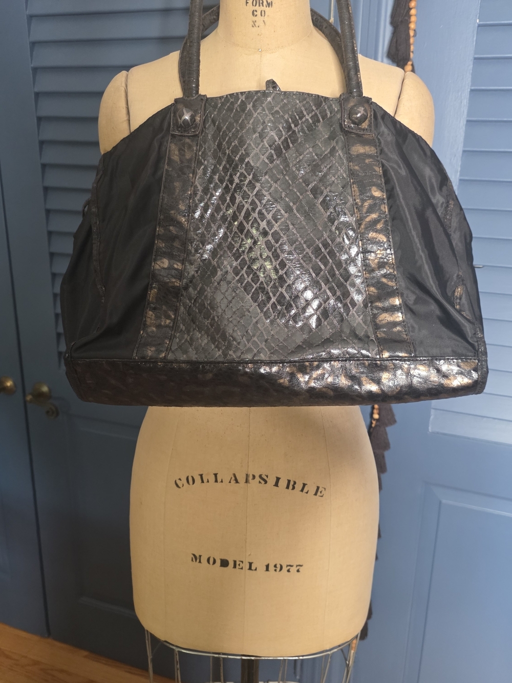 NWOT Falchi by Falchi Black Nylon & Metallic Snakeskin Tote Bag